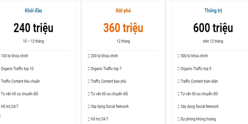 Hình 5: Những gói dịch vụ SEO website của Xuyên Việt Media